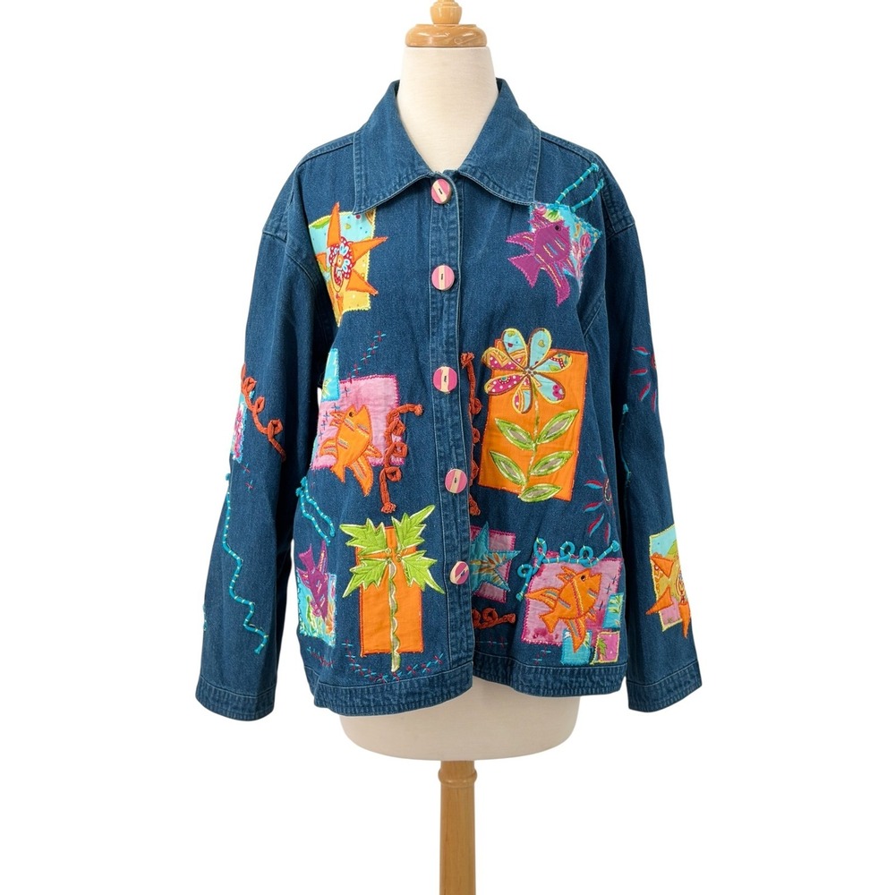 Life Style Womens Denim Jacket Blue Patchwork Tropical Fish Colorful Boho Size L